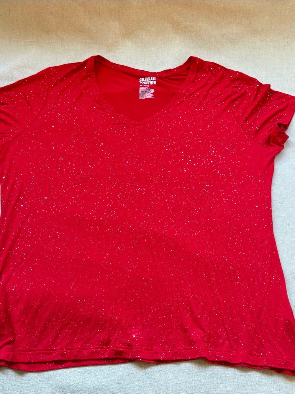 Celebrate Together Red Silver Sparkle V Neck Short Sleeve Tee Top Plus Size XXL - Picture 5 of 10